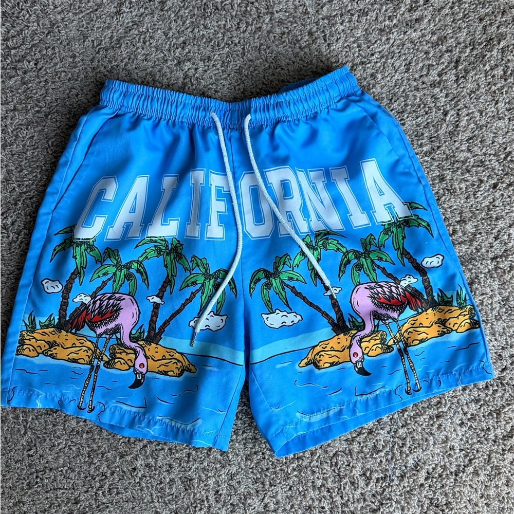 ROMWE Blue Flamingo Swim Trunks